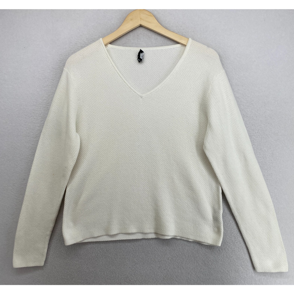 EILEEN FISHER Sweater L Cotton V-Neck Long Sleeve Pullover Top Off White VTG HK